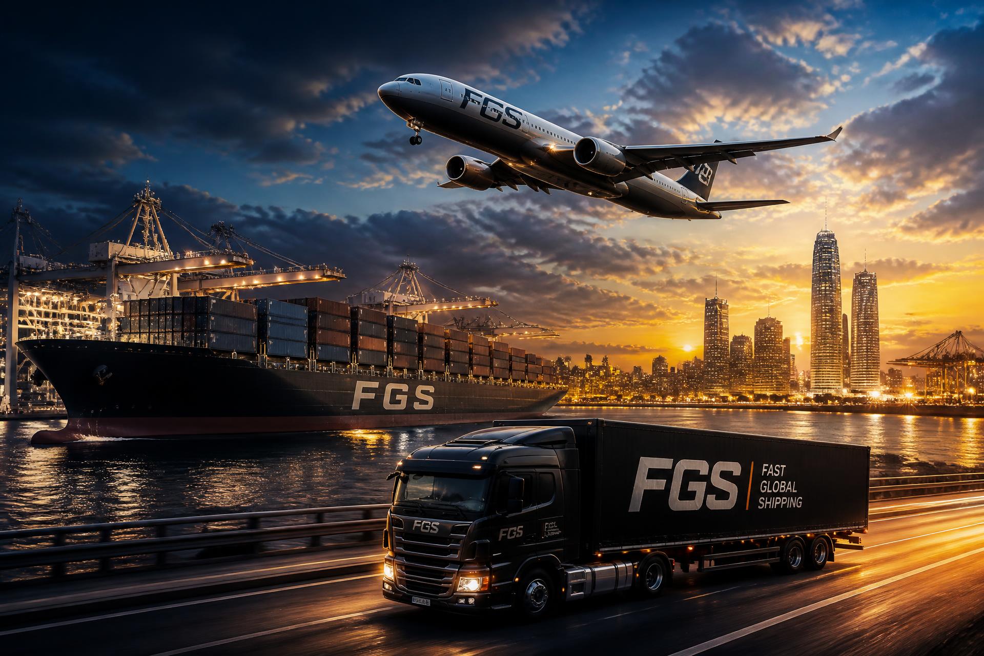 FGS cargo plane, container ship and delivery truck at sunset